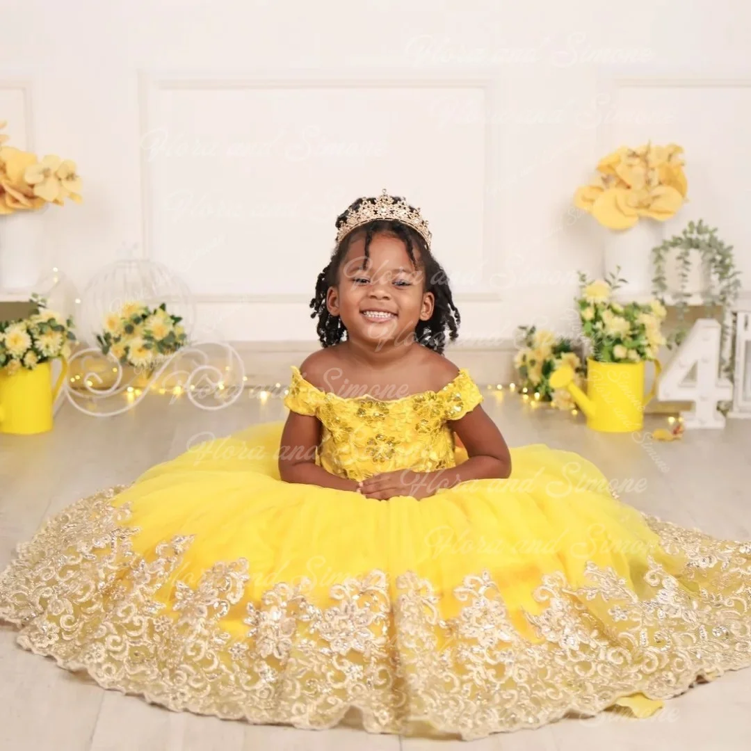 Customized Yellow Flower Girl Dress Tulle Fluffy Applique Floor-Length Kids Wedding Bridesmaid Birthday Party Ball Evening Gowns