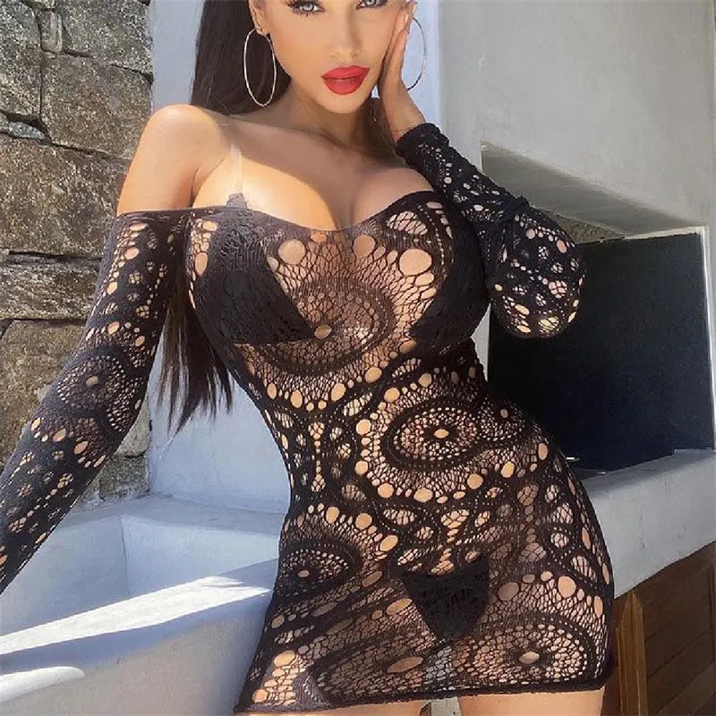 

Leisure Transparent Long Sleeved Hollow Out Summer Mesh Beach Skirt Off Shoulder Evening Dress Oversized Loose Fitting Skirt