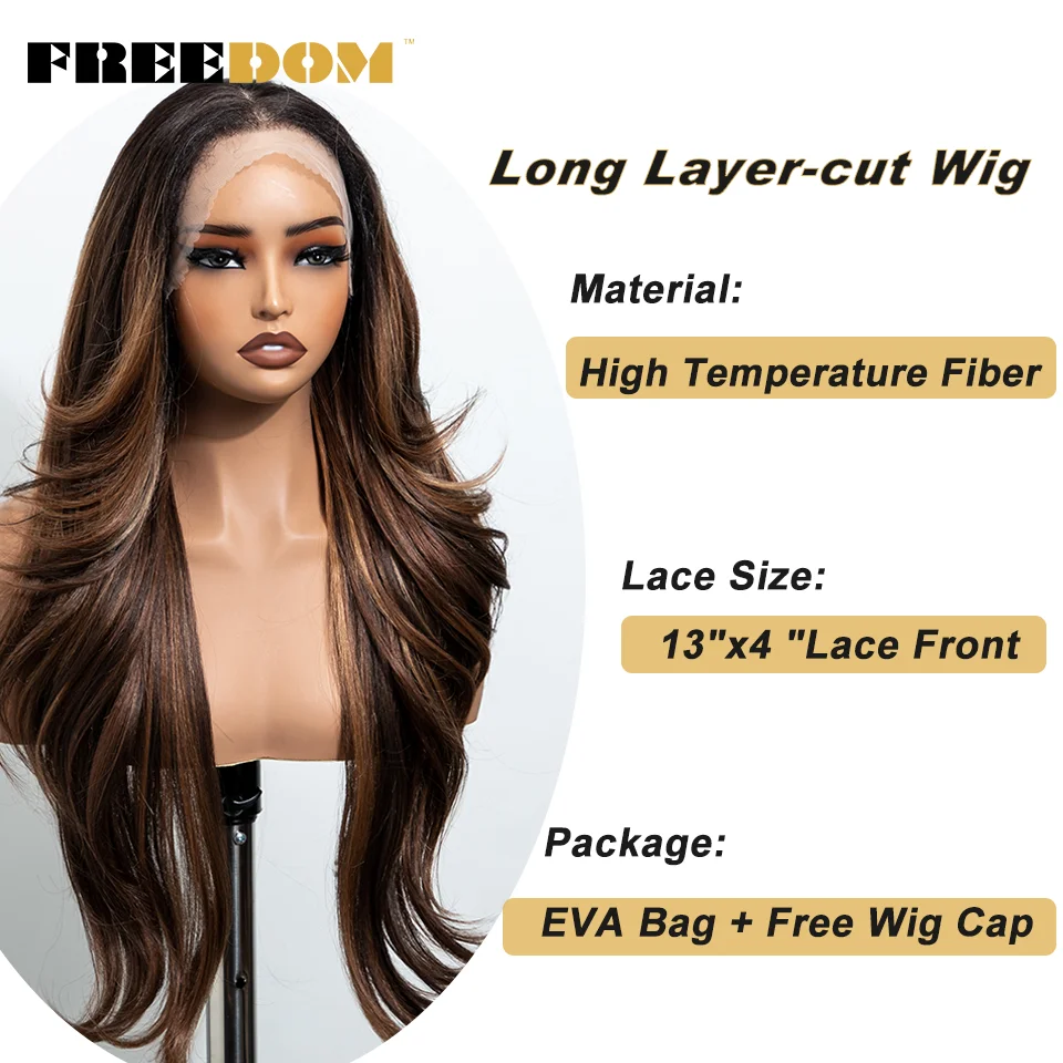 FREEDOM Synthetische Lace-Front-Perücken für schwarze Frauen, 28 Zoll, 13x4, vorgezupft, geschichtet, Ombre Braun Blond Highlight, Perücken für den täglichen Gebrauch – Detail 5
