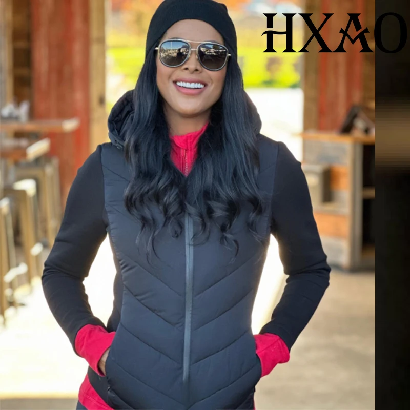 

HXAO черная женская куртка с капюшоном, парки с длинным рукавом, теплые легкие стеганые куртки, стеганая куртка на молнии, женские короткие пальто