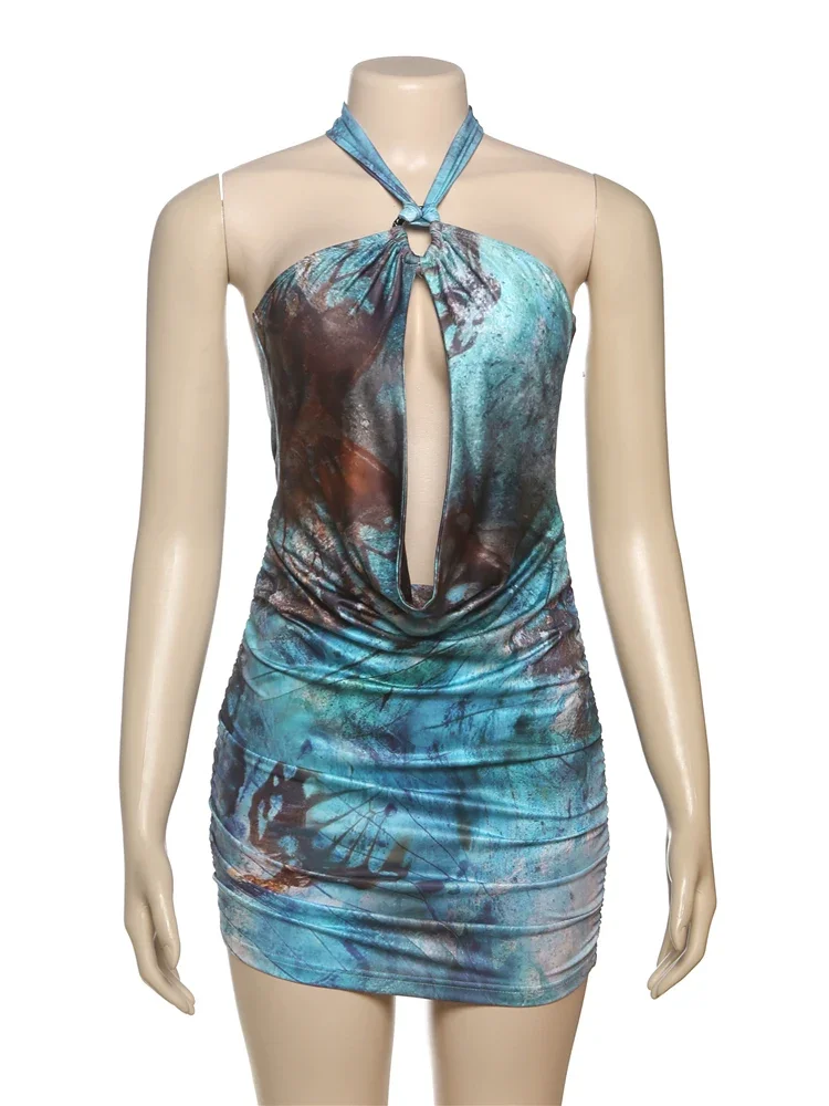 Abito con stampa di moda Donna Halter Catene di metallo vuote Patchwork Backless Senza maniche Vacanza Tendenza Increspato Mini aderente