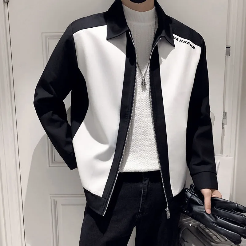 

Autumn and Winter Zipper Long-sleeved Contrast Coat Men's Clothing Lapel Jacket Cardigan Casual Splicing Top