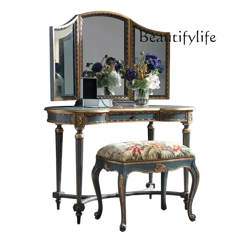 

Retro French dressing table European high-end painted makeup stool Neoclassical all-solid wood bedroom dressing table