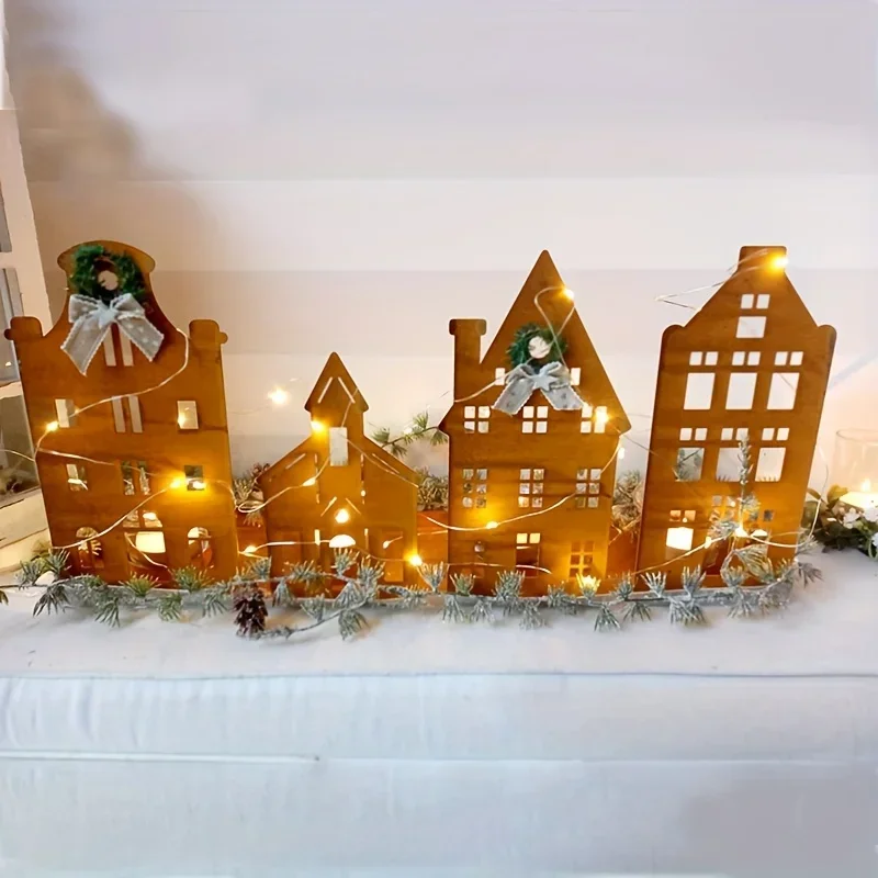Vintage Metall 3D Layered House Kerzenhalter 4-stöckiges Mini Village mit leuchtenden Fenstern, kompatibel mit Lichtern