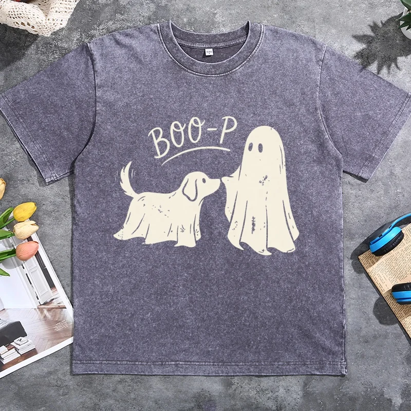 Boo-p Ghost Dog T-Shirt Men Women Funny Halloween Dog Lover T Shirt Vintage Washed Round Neck Printed Tshirts Oversized