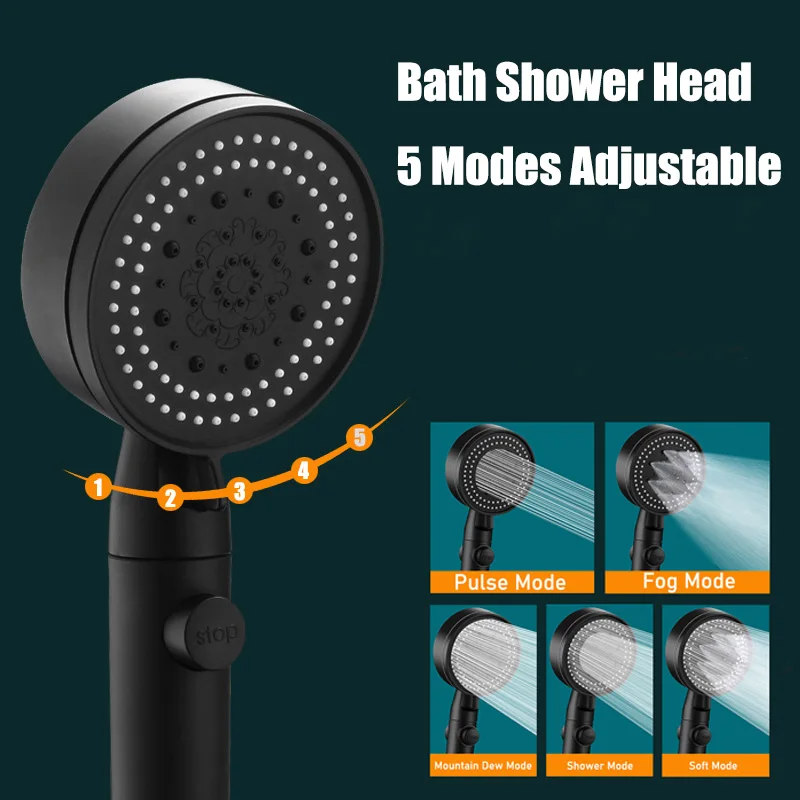 

Black 5 Modes Shower Head Adjustable High Pressure Water Saving Shower Head Water Massage Shower Head Bathroom Accessories