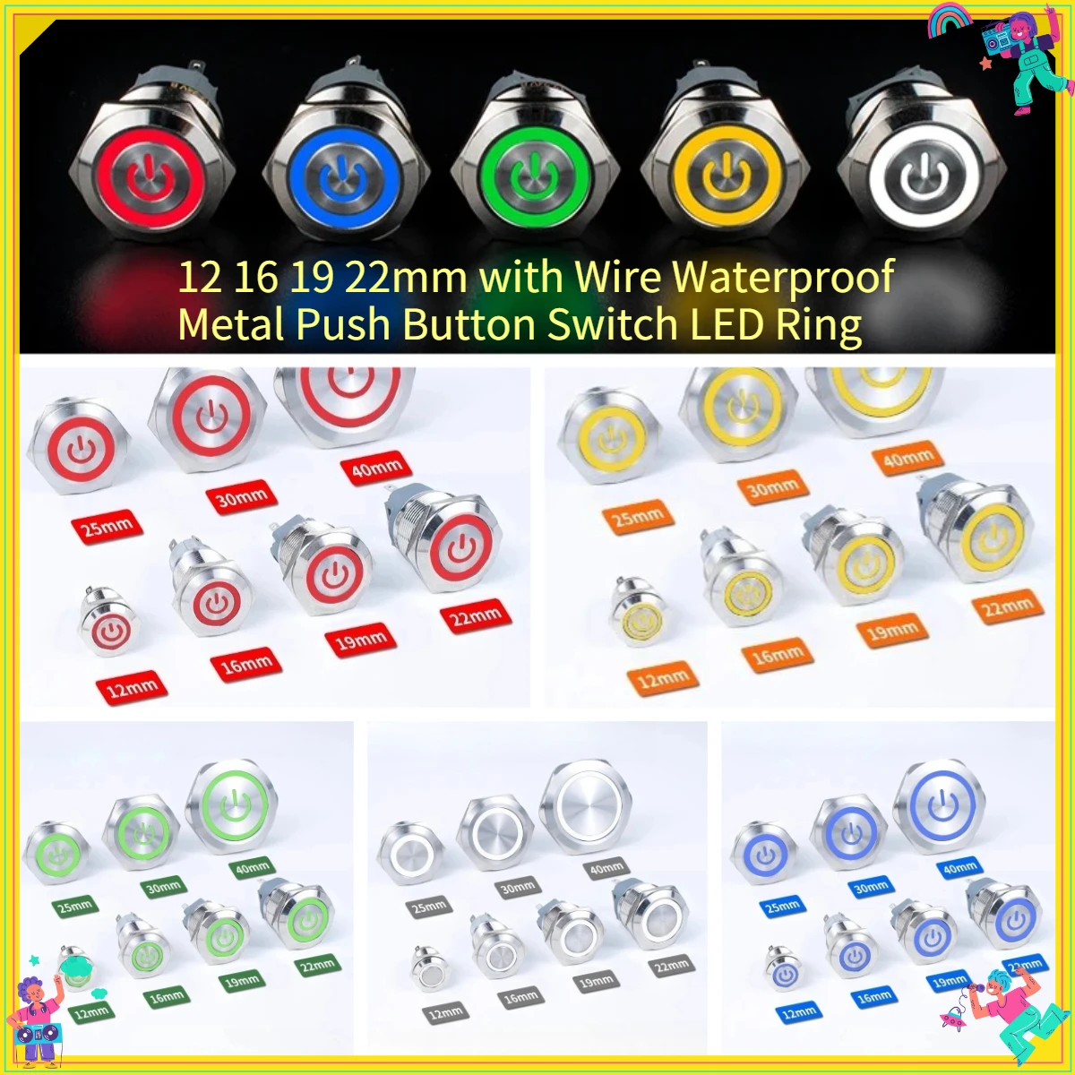 1PCS  12-16-19mm with Wire Waterproof Metal Push Button Switch LED Ring/Power Light Momentary Latching 12/24 Silver1NO1NC   Plug