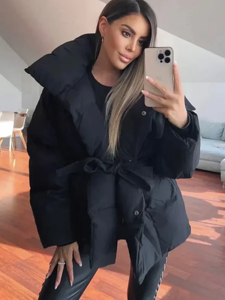 Women Solid Fashion Lapel Tie-up Cotton Coat Long Sleeved Waist Cinched Warm Loose Jacket Lady Casual Commute Winter Outwear