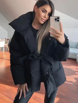 Women Solid Fashion Lapel Tie-up Cotton Coat Long Sleeved Waist Cinched Warm Loose Jacket Lady Casual Commute Winter Outwear