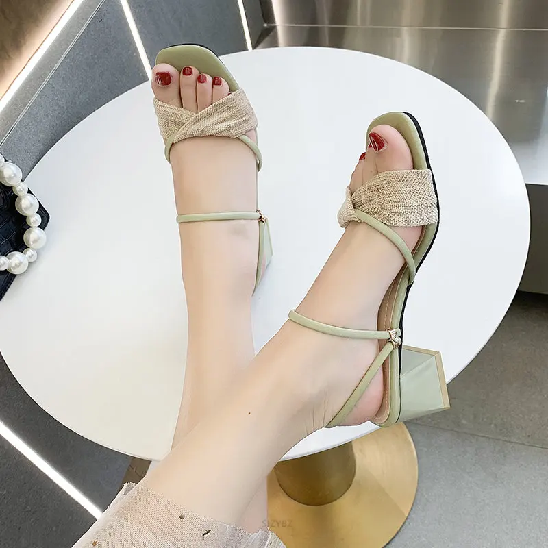 Elegant High Heels Sandals Women New Summer Shoes Women Fashion Two Threading Methods Casual Sandals Square Heel Female Shoes