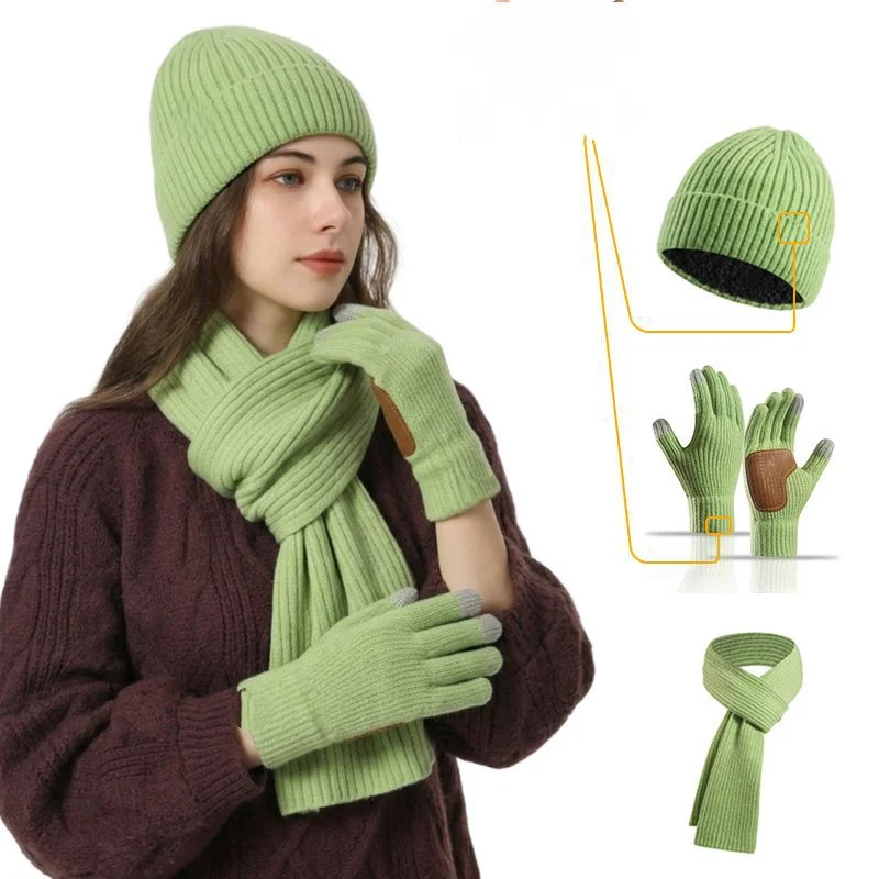 3Pcs/Set Warm Winter Hat Scarf Gloves Set Thicken Knit Beanie Snood Set Elastic Soft Scarf Neck Warmer for Men Women Outdoor