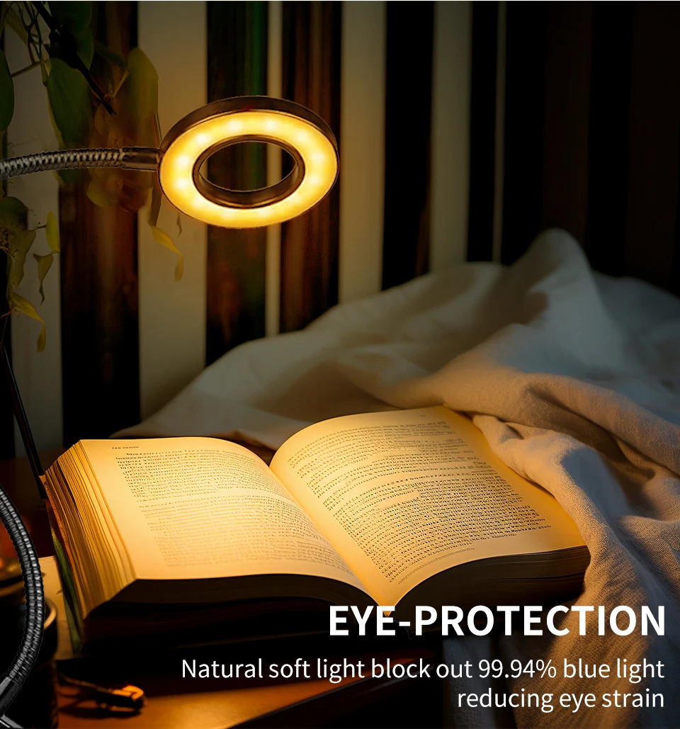 USB Foldable Reading Lamp 48 LEDs Clip on Desk Lamp 360°Flexible Gooseneck Reading Table Light Brightness Adjustable 3 Level