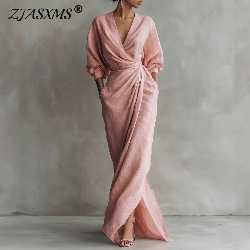 

Новое повседневное макси-платье для отпуска с V-образным вырезом, завышенной талией, драпировкой, длинными рукавами и разрезом в стиле бохо, весна 2026