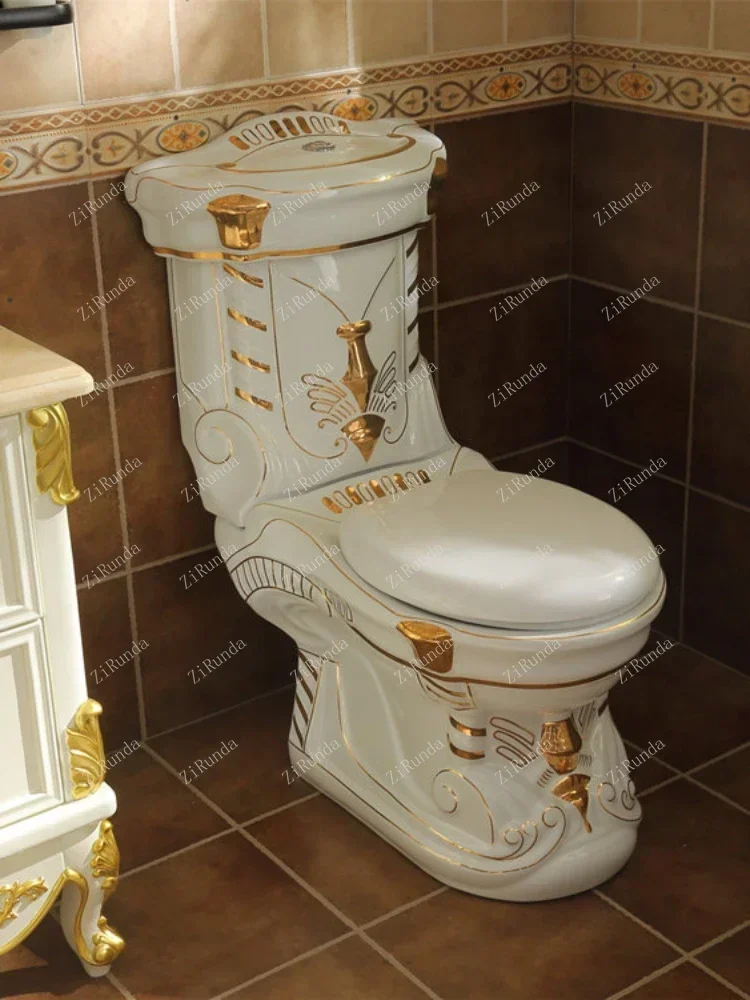 *European-Style Gold Toilet Embossed Gold Ceramic Handmade Luxury High-End Toilet