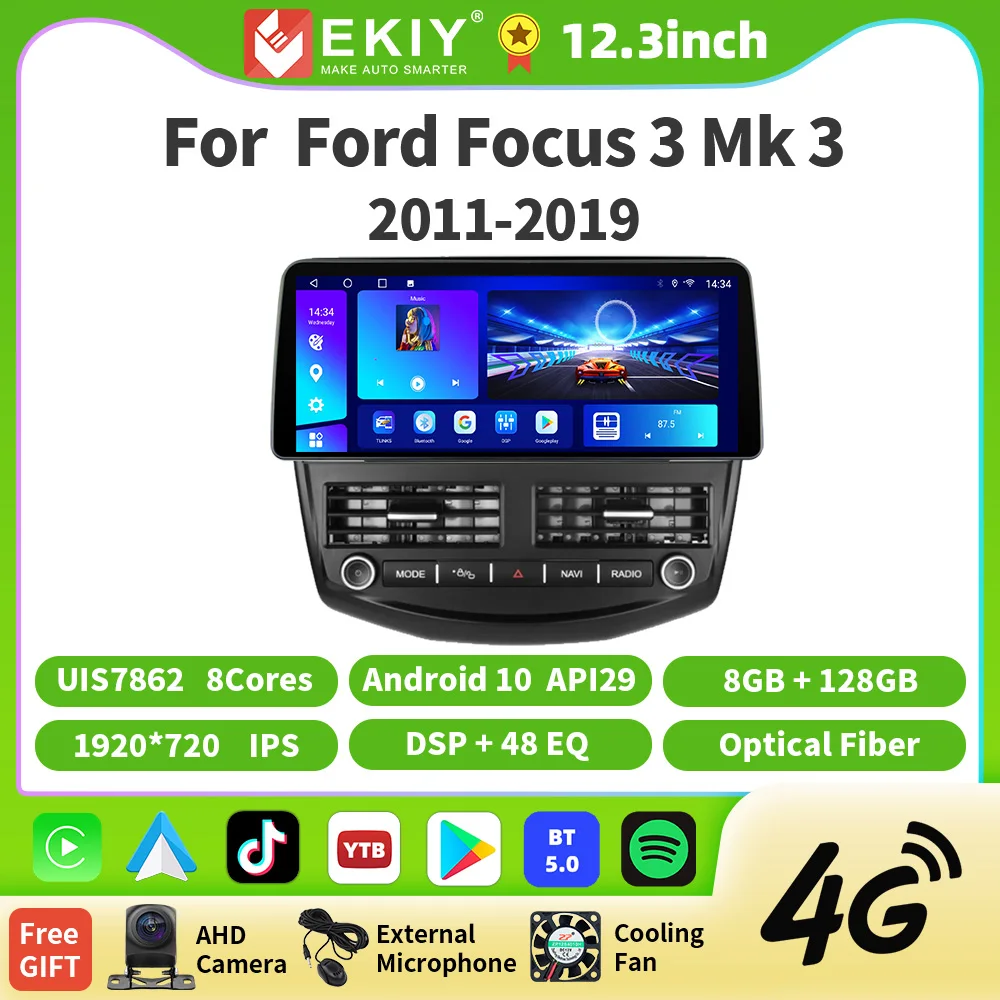 

Автомагнитола EKIY 12,3 дюйма для Ford Focus 3 Mk 3 2011-2019, автомобильная стереосистема Android, GPS-навигатор, плеер с IPS экраном Carplay Auto 4G DSP