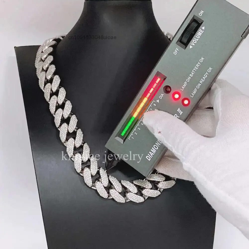 

Long Clasp 18mm Luxury Vvs Moissanite Diamond Necklace Men Hip Hop 925 Sterling Silver Rhodium Plated Iced Out Cuban Chain