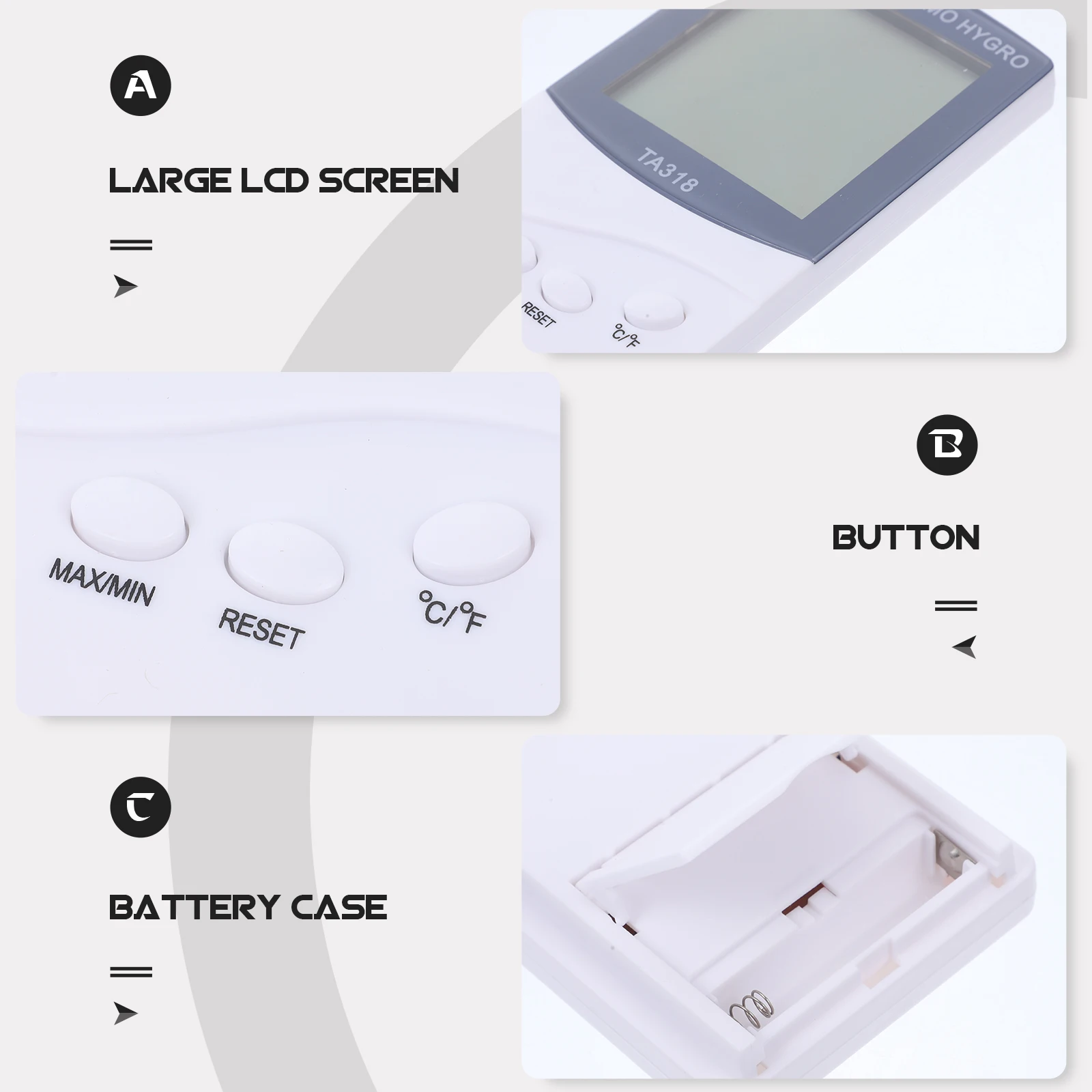 

Digital LCD Thermometer Hygrometer White Plastic Large Screen Temperature Humidity Meter Easy Readout Centigrade Fahrenheit Max
