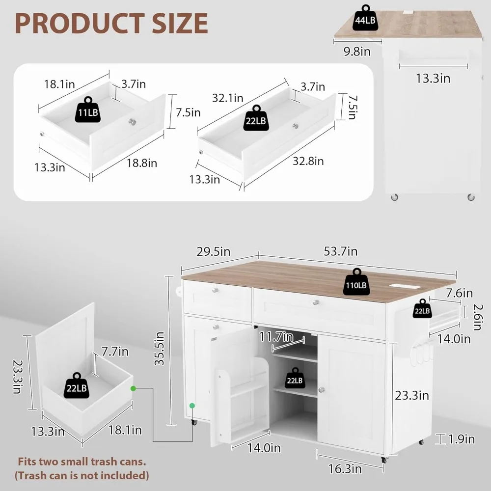جزيرة مطبخ متنقلة مع طاقة مدمجة وأوراق متدلية، عربة مطبخ دوارة مع مساحة تخزين لصندوق النفايات، محطة مطبخ محمولة #6