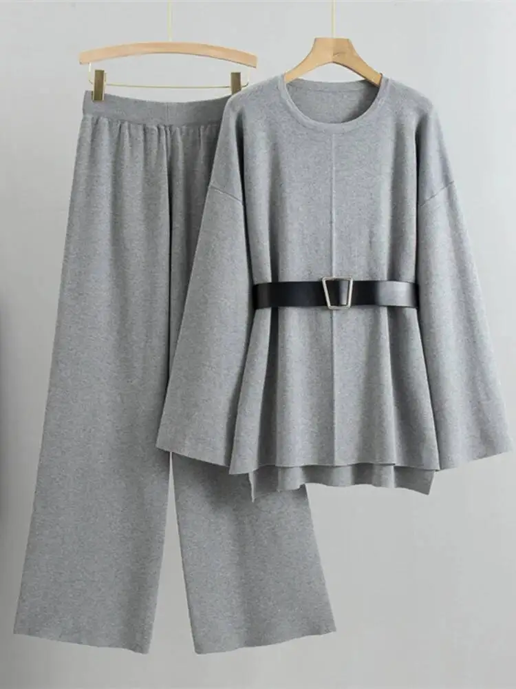 

Knitted Tracksuits Women Autumn Winter Loose Long Sleeve Sweater High Waisted Wide Leg Pants Streetwear Two Piece Sets with Belt