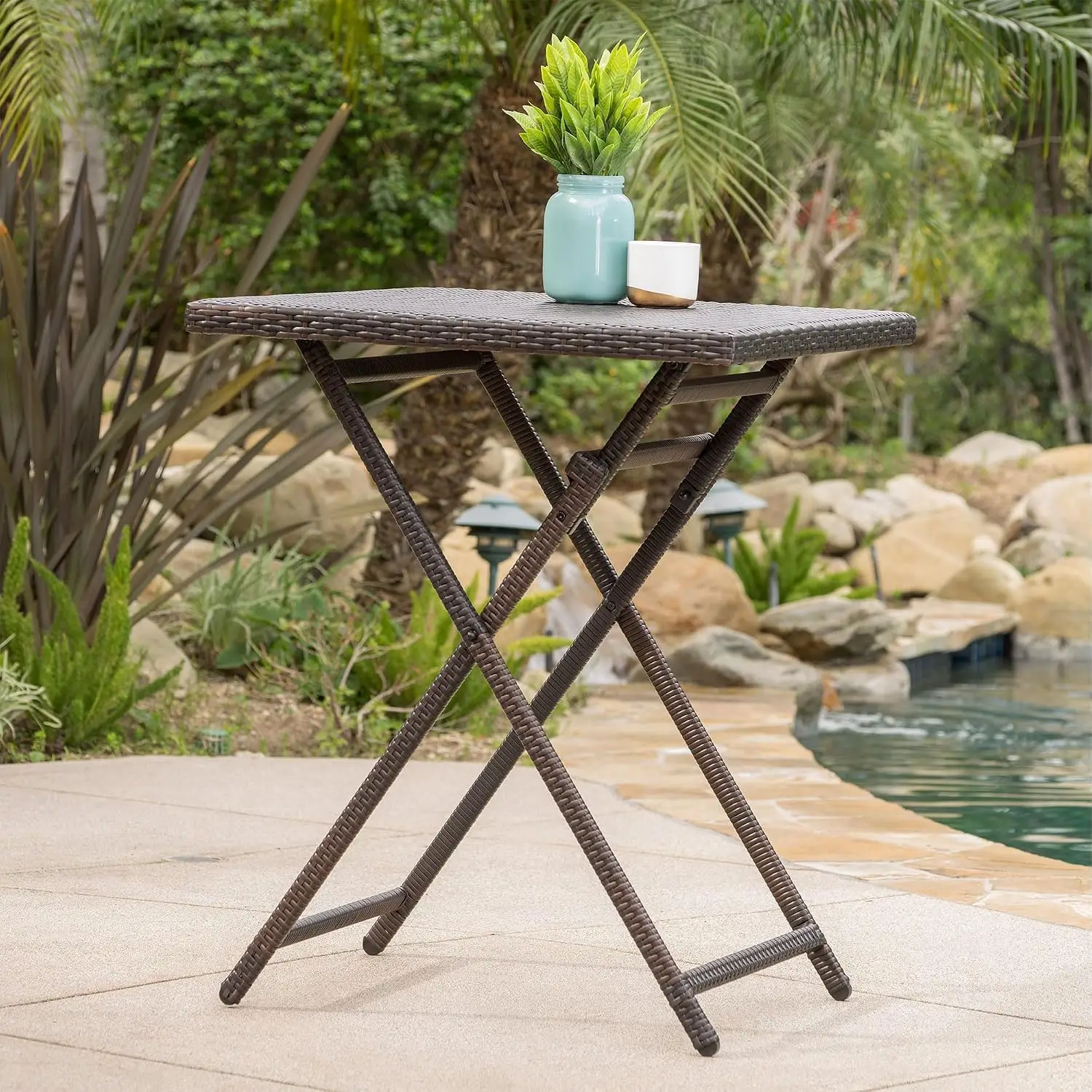 Portable Brown Rattan Outdoor Folding Bar Table All Weather Wicker Patio Bar Height Table Powder Coated Steel Frame Backyard Dec