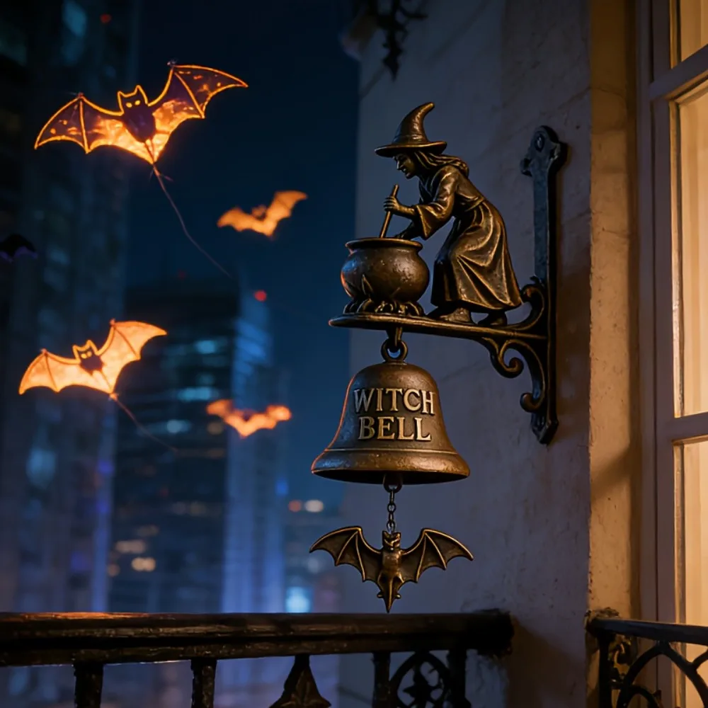 Vintage Halloween Witch Doorbell Alloy Sounding Witch Wind Chimes Copper-colored Wall-mounted Witch Hanging Ornament Entrance