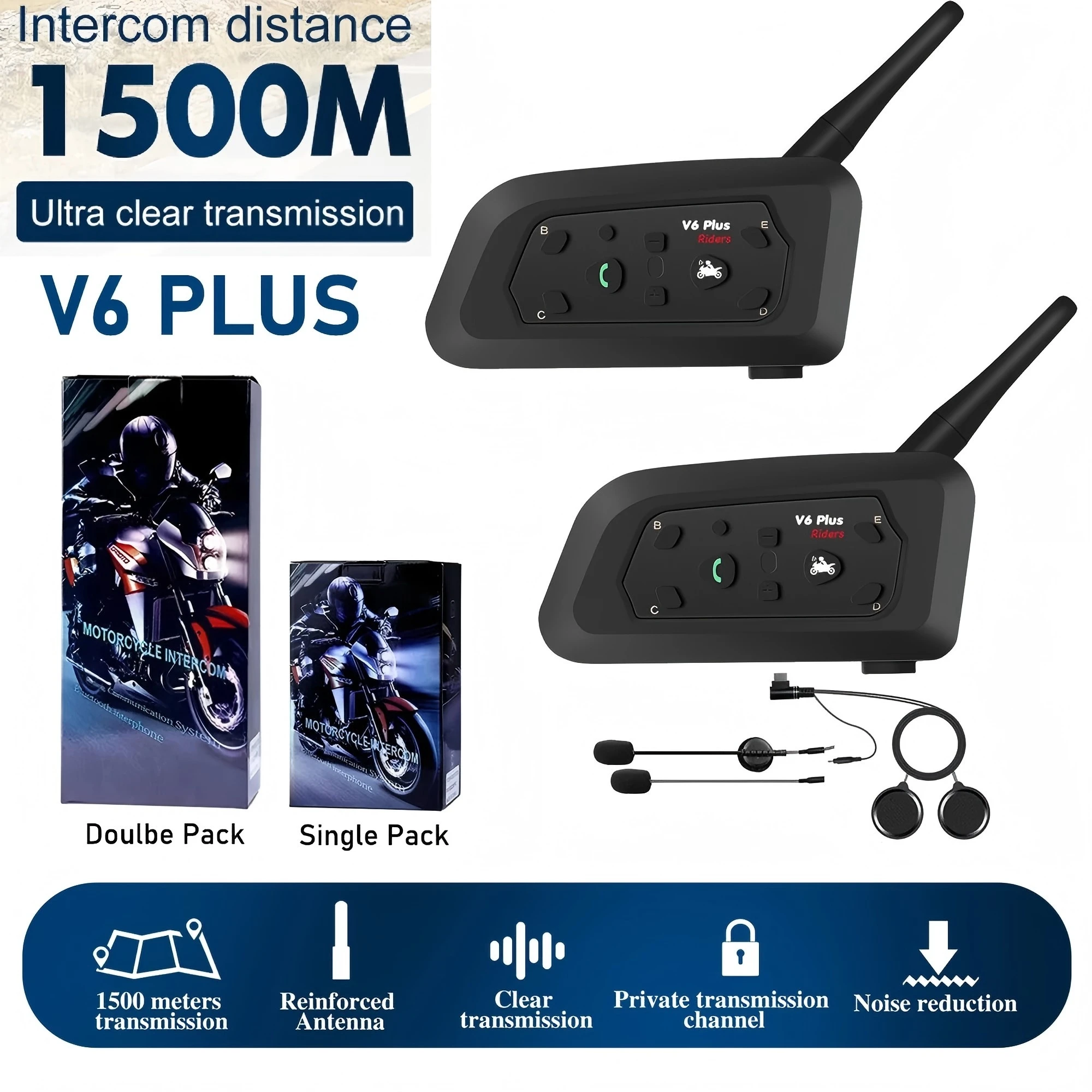 V6 PLUS Motorcycle Bluetooth Helmet Headset Intercom Communicator 1200m Interphone For 6 Riders IP65 Music Waterproof