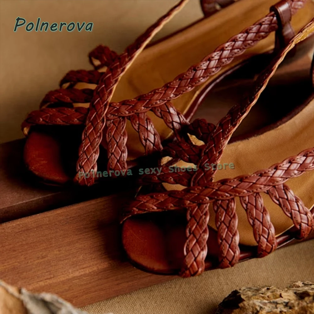 

Golden Woven Cut Out Flat Sandals Peep Toe Chunky Heels Solid Side Air Slingback Women Fashion Shoes 2026 Summer Dress Casual