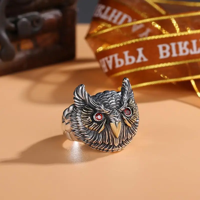 

Thai silver trendy ring, men's retro vintage vintage, owl personality, domineering, men's index finger ring, light luxury, niche