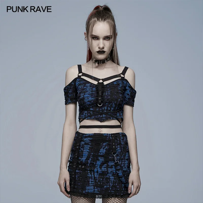 

PUNK RAVE Women's Gothic Personality Knitted Print Shoulder Loop T-shirt Belt Has A Binding Rope Punk Daily Tees Tops Summer