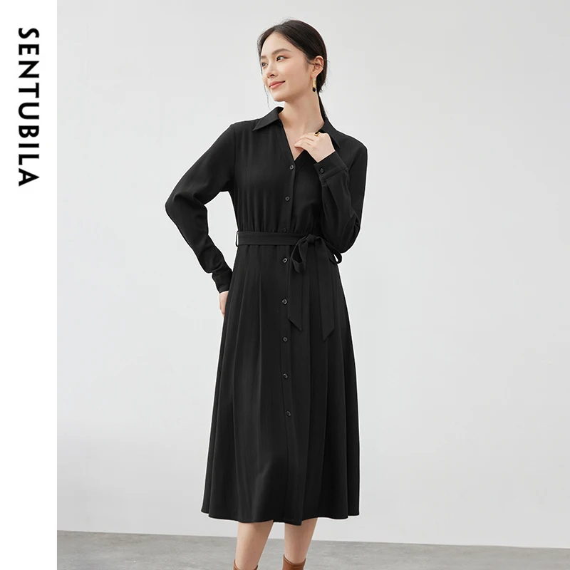 SENTUBILA Office Lady Black Shirt Dress for Women 2024 Autumn Elegant Long Sleeve Tie Belt Button Down Midi Dresses 143L56891