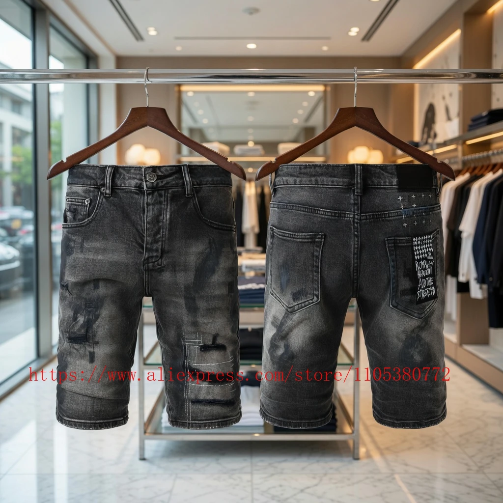 

Latest Style Men's Grey Vintage Washed Denim Shorts Distressed Ripped Stitch Detail Slim Fit Casual Shorts Streetwear Bottoms