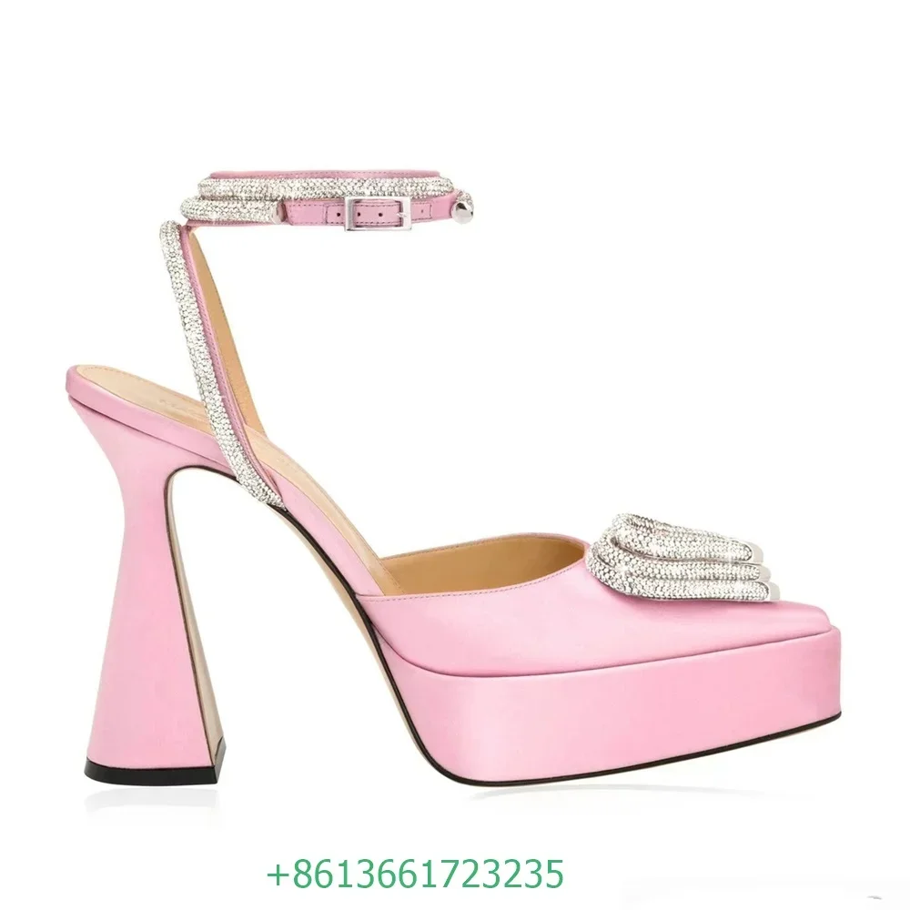 2026 Newest Love Rhinestone Sandals Bling Bling Crystal Ankle Strap High Heel Sandals Women Pointed Toe Shallow Wedding Shoes