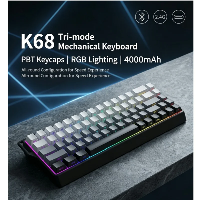 K68 RGB Backlight Three-Dimensional Keycap PBT Wireless Mechanical Keyboard Bluetooth 2.4G 68 Keys for Computer Gaming