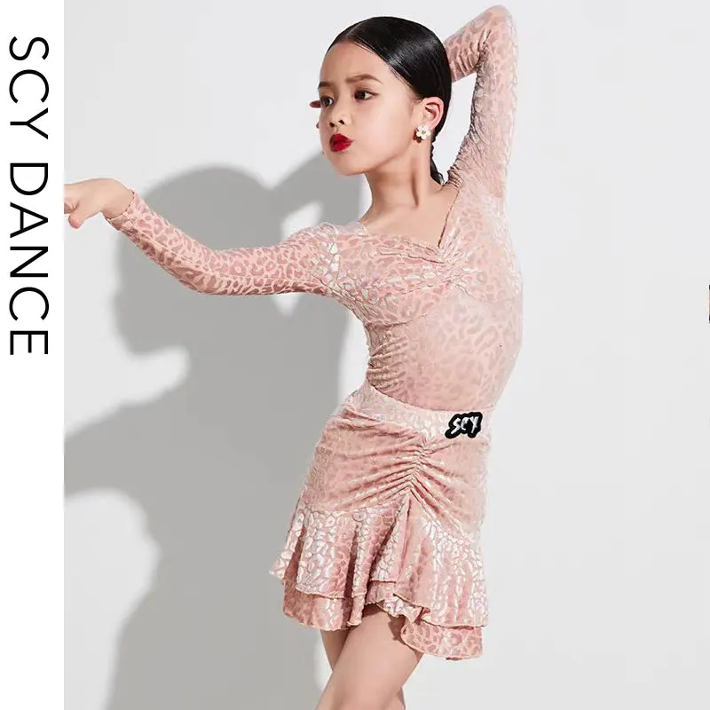Roupas infantis de dança latina SCY Premium – Novo design de veludo estampado para treinamento profissional e conjunto de desempenho