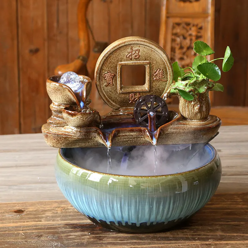 

Chinese Style Ceramic Windmill Fountain Feng Shui Decoration Crafts Creative Living Room Desktop Waterfall Office Wealth Decor
