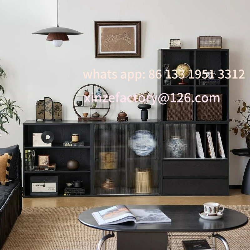 

Customizable Floor Storage Solid Wood Bookcase Black Lattice Cabinet