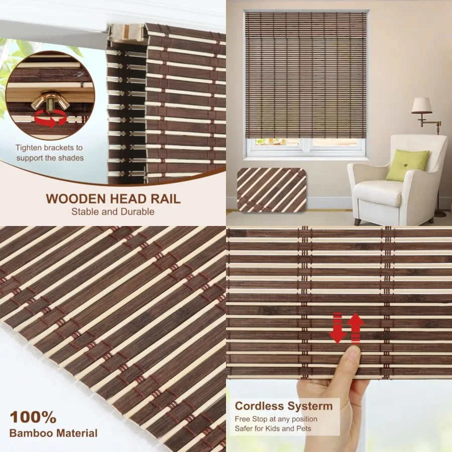 

Cordless Roman Shades, Roll Up Bamboo Blinds for Indoor Windows, Light Filtering UV Protection Bamboo Shades, Easy to Install f