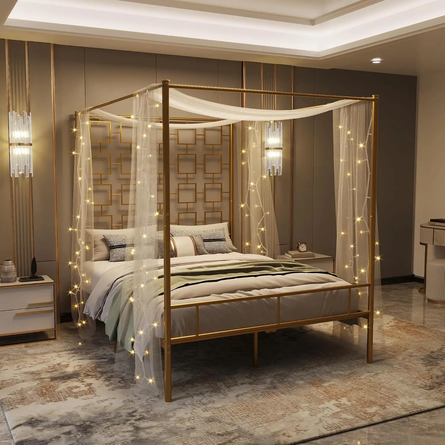 Queen Canopy Bed Frame Metal Four-Poster Platform with Headboard & Footboard Underbed Storage No Box Spring, Customized