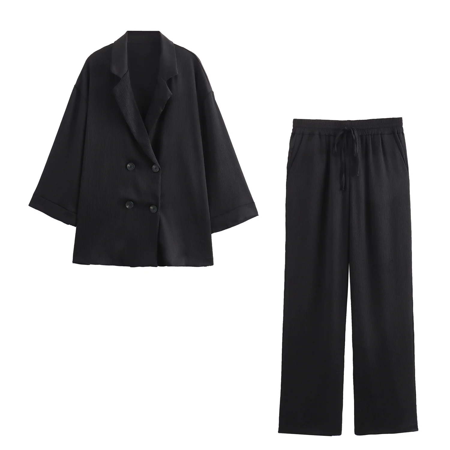 2024 Herfst Vrouwen Casual Blazer Jas Broek Set Lange Mouw Double Breasted Blazer + Wijde Pijpen Broek Lady Office Outfit