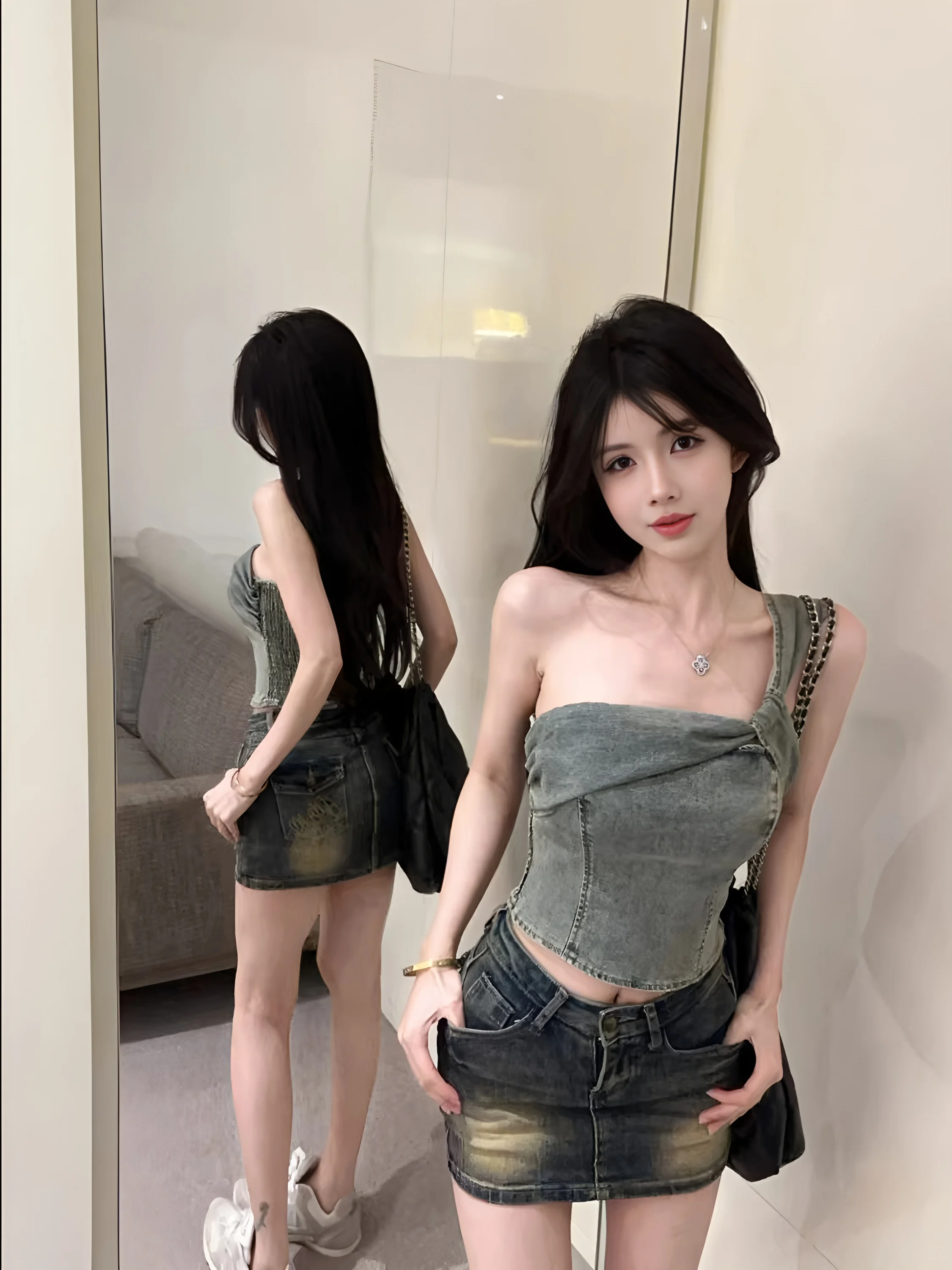 Retro Amerikanische Hohe Taille Denim Strap Weste Frauen Sexy oulderl Tube Top Design Sensation Kleine Outdoor Tragen Baumwolle Mischung