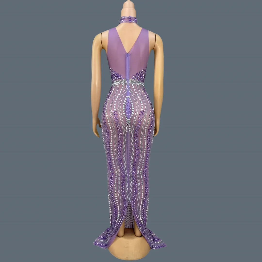 High-quality Purple Crystals Sexy Evening Gown Luxury Dinners Ball Dress Women's Birthday Party Stage Elegant Mesh Dress zizi