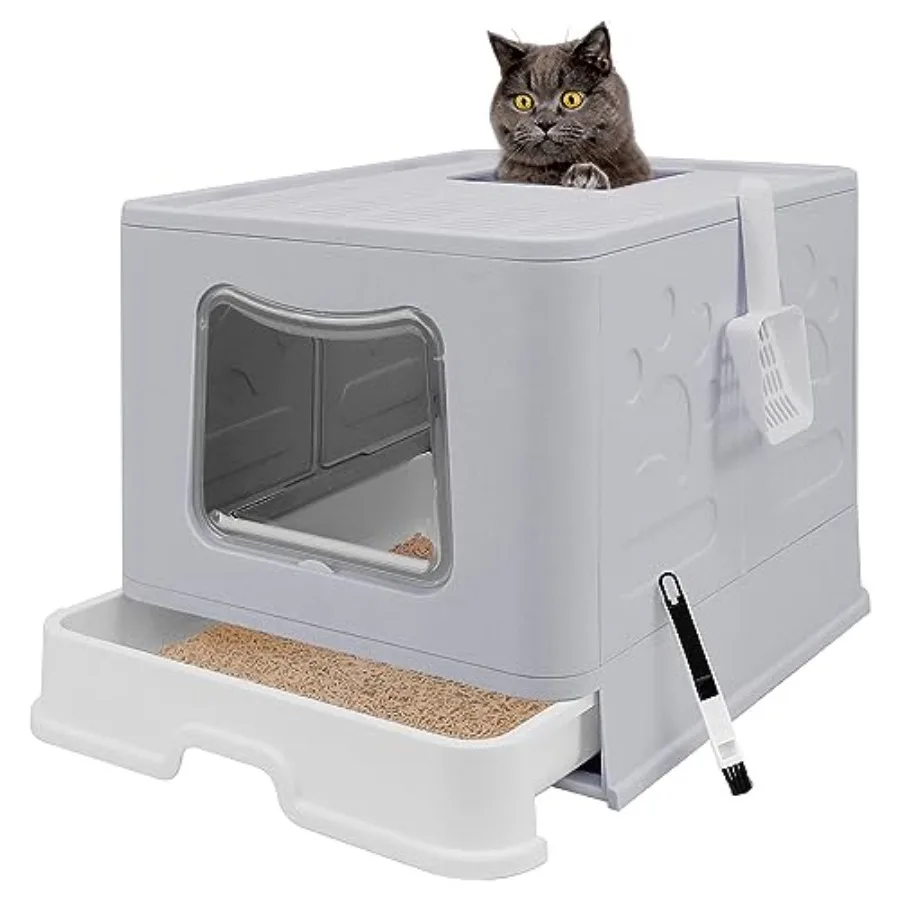 

XL Foldable Cat Litter Box with Lid Jumbo Enclosed Potty Top Entry Anti-Splashing Toilet Includes Scoop 2-in-1 Cleaning Brush G