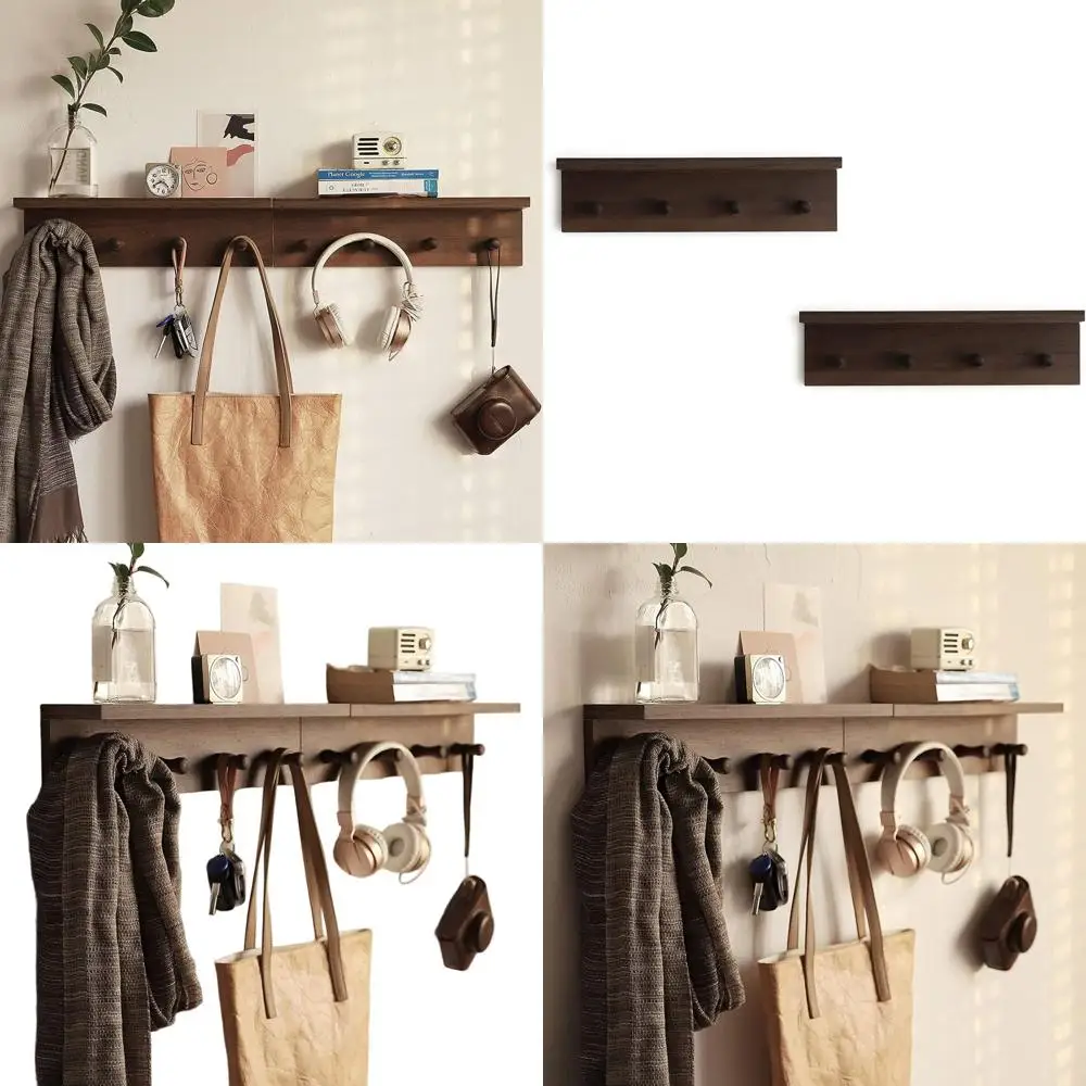 

Элегантная настенная вешалка для одежды из орехового дерева с крючками и полками