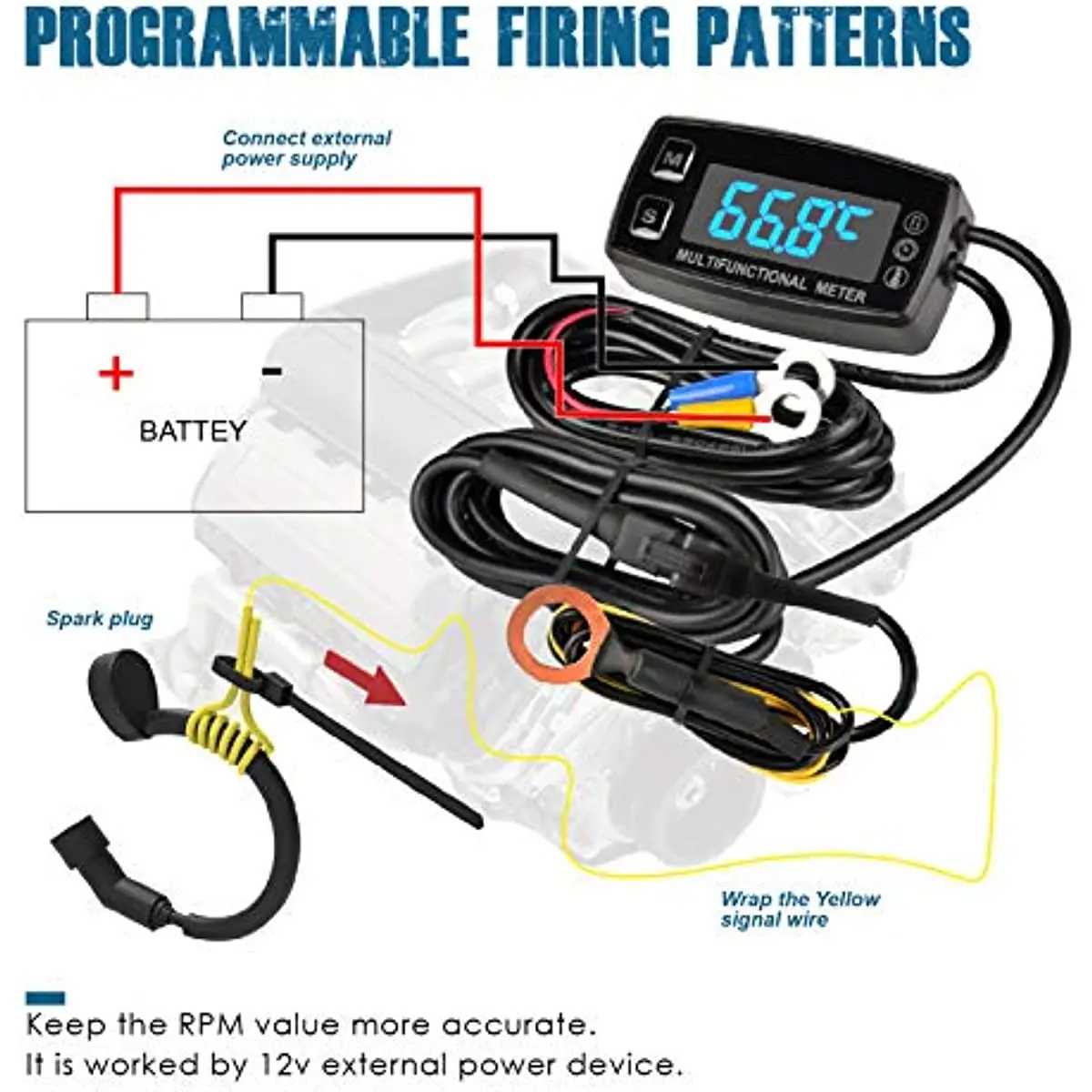 Digital LED Engine Hour Meter,RPM &Temperature Display,Maintenance Reminder,External Powered Operating for Lawn Mower Outboard