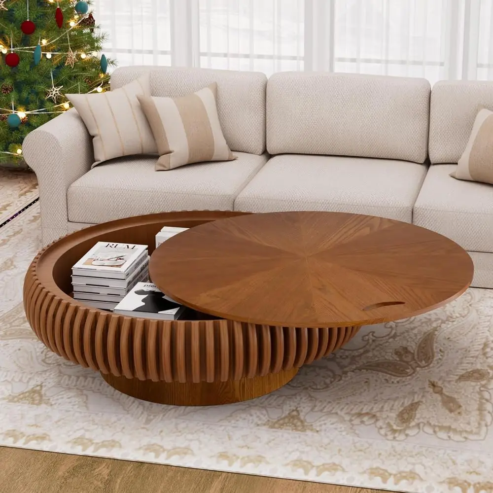 

Round Wooden Storage Coffee Table for Living Room, Circular Accent Table with Solid Wood Veneer (Brown, 39.37)