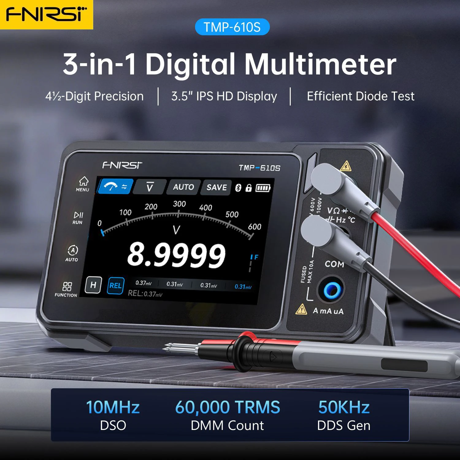 Oscilloscope numérique portable intelligent 3-en-1 FNIRSI TMP-600 610S, multimètre, générateur de signal, 60000 TRMS, 13 formes d'onde