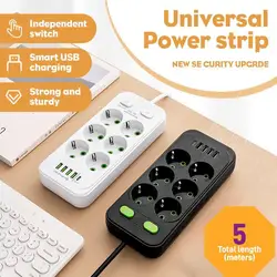 EU 플러그 AC 콘센트 멀티탭 소켓 5M 연장 코드 USB 유형 C 고속 충전 네트워크 필터 어댑터가 있는 전력 스트립