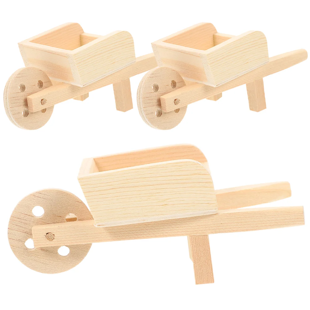 3 Pcs Mini Stroller Cart Wheelbarrows Models Wooden Dolls House Miniature Carts Props