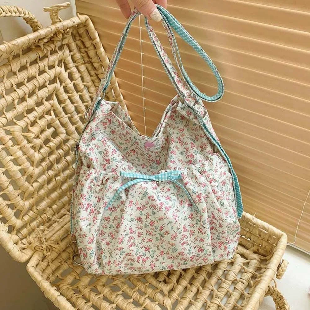 

Sweet Floral Shoulder Bag Bow Contrast Color Women Floral Handbag Large Capacity Lightweight 3 in 1 Canvas Backpack Storage