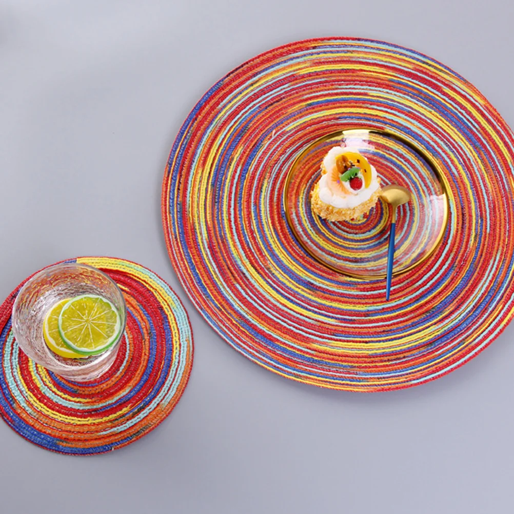 

2Pcs Hand-Woven Heat Resistant Placemat Cotton Thread Round Table Mat Coaster Red Pattern 18cm Home Decoration